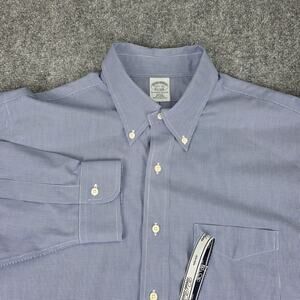 Brooks Brothers Shirt Mens 17.5 Blue Houndstooth Slim Fit Non-Iron Button Down